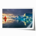 Rolled canvas print featuring a serene Greenland landscape with lush greenery, ideal for dining room wall art.