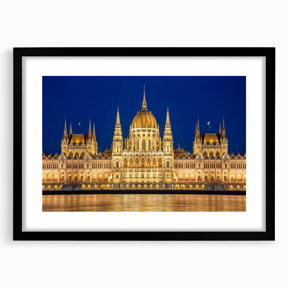 Extra large abstract art print featuring a colorful, textured European scenery on a black framed canvas.