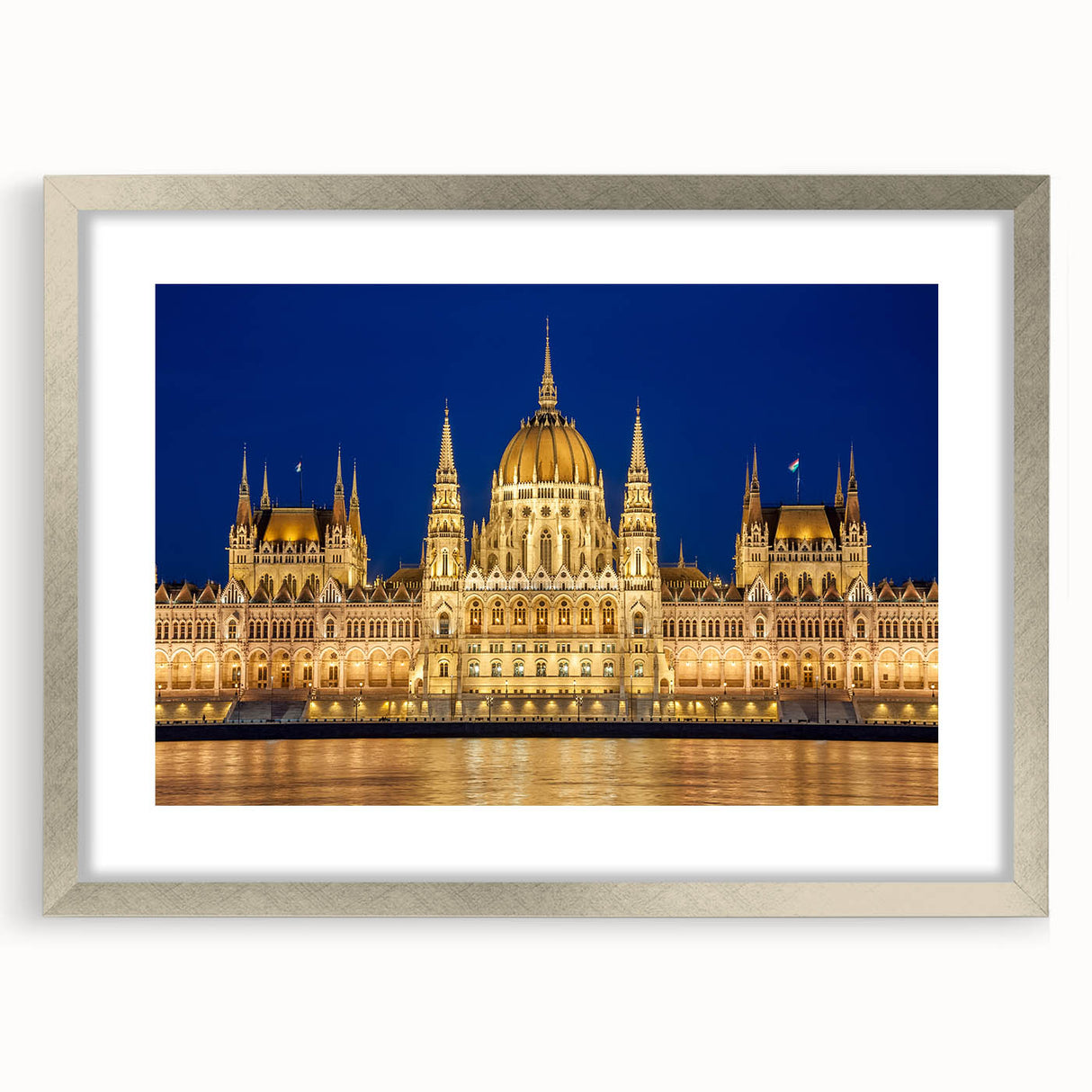 Extra large abstract art print depicting a textured European scenery in muted earth tones, framed in silver.