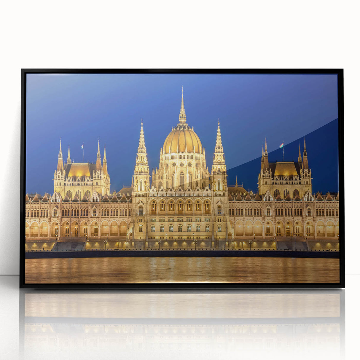 Large abstract wall art featuring a mid-century modernist depiction of a European scenery in black acrylic frame.