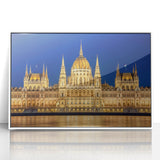 Art deco poster of a Hungarian landscape in muted tones on white framed acrylic, suitable for modern art wall decor.