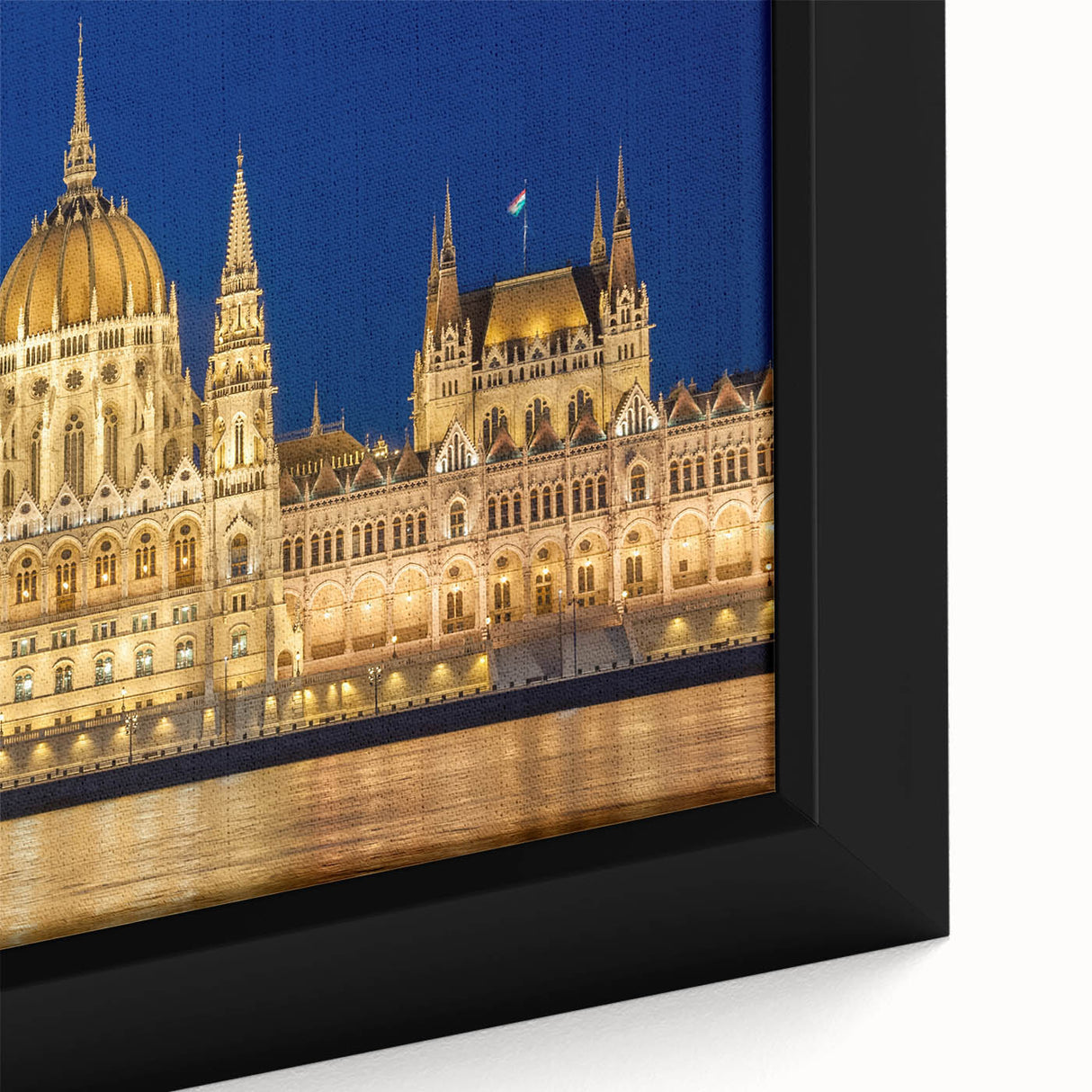 Extra large framed canvas featuring a textured depiction of a European scenery in black with colorful accents.