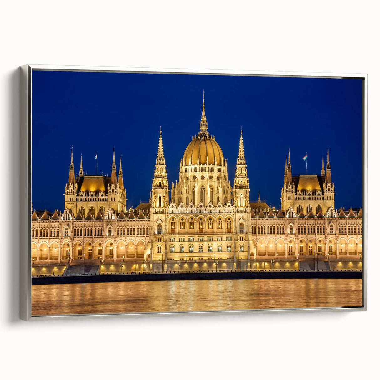 Framed canvas of a vintage-style landscape painting featuring the Hungarian countryside.