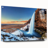 Acrylic print of a serene Icelandic landscape in muted blue and gray tones, ideal for bedroom or dining room decor.