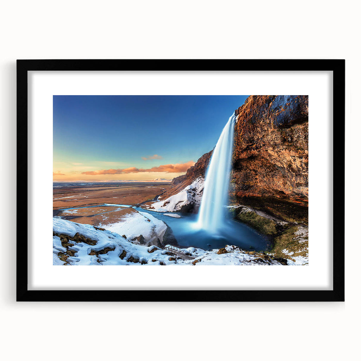 Extra large abstract print of a colorful, textured Icelandic landscape on a black framed canvas, ideal for living room decor.