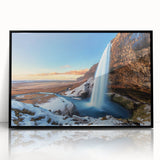 Large abstract wall art depicting a serene Icelandic landscape in muted gray tones, framed in black acrylic.