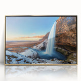 Acrylic print of a serene Icelandic landscape in muted green and blue tones, framed in gold.