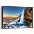 Black and white framed canvas of an Icelandic landscape, ideal for bedroom wall art.