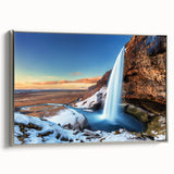 Framed canvas of a vintage-style Icelandic landscape painting with muted blues and greens.