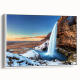 Vintage poster art of an Icelandic landscape on a framed canvas, with vivid colors, ideal for living room decor.