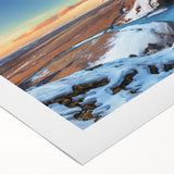 Art deco poster of a European Icelandic landscape in muted green and blue tones on rolled canvas.