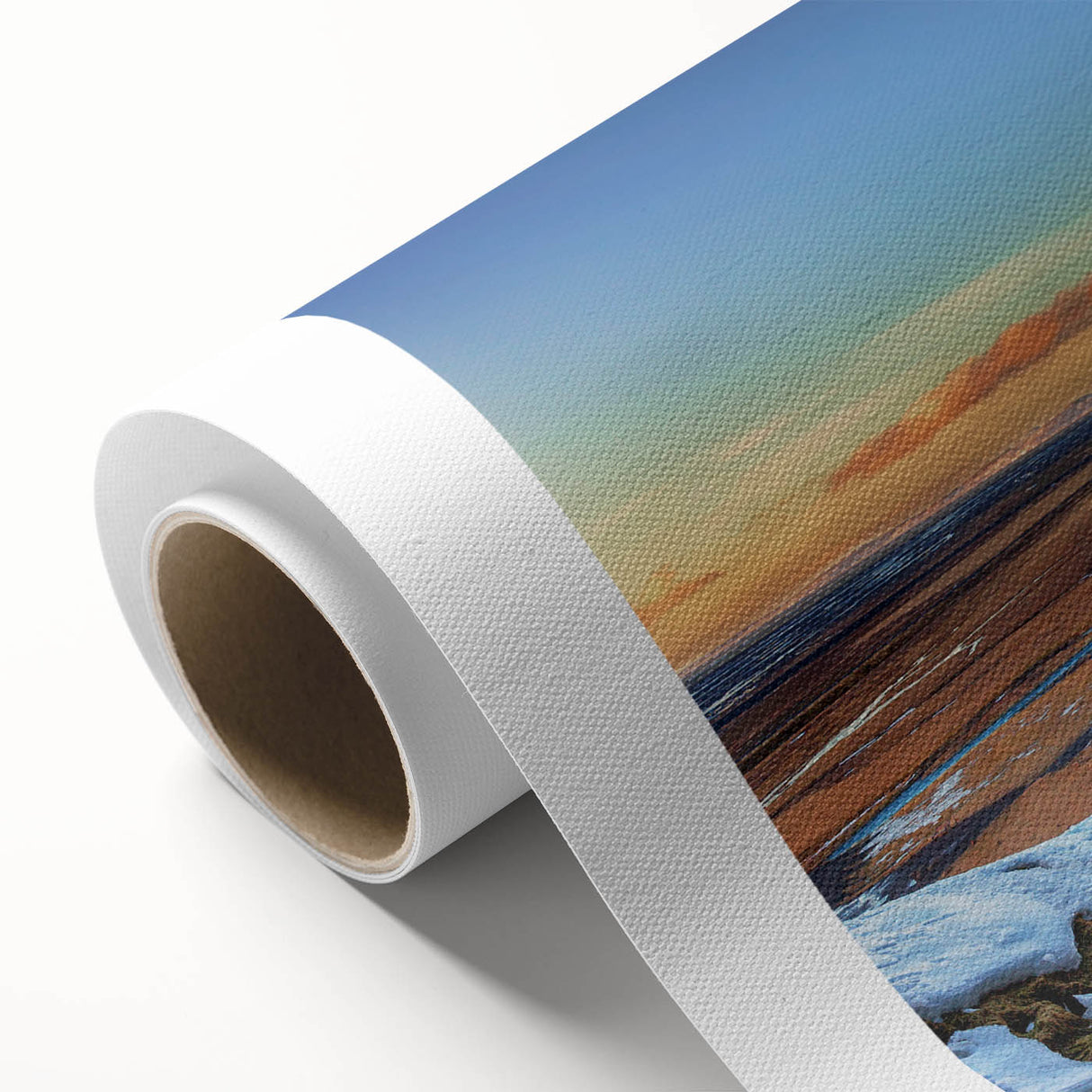 Art deco poster of Icelandic scenery in muted blues and greens on rolled canvas, ideal for nursery wall art.