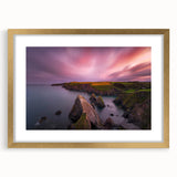 Abstract art print of a European Irish landscape in muted green and blue tones on a framed gold mat.