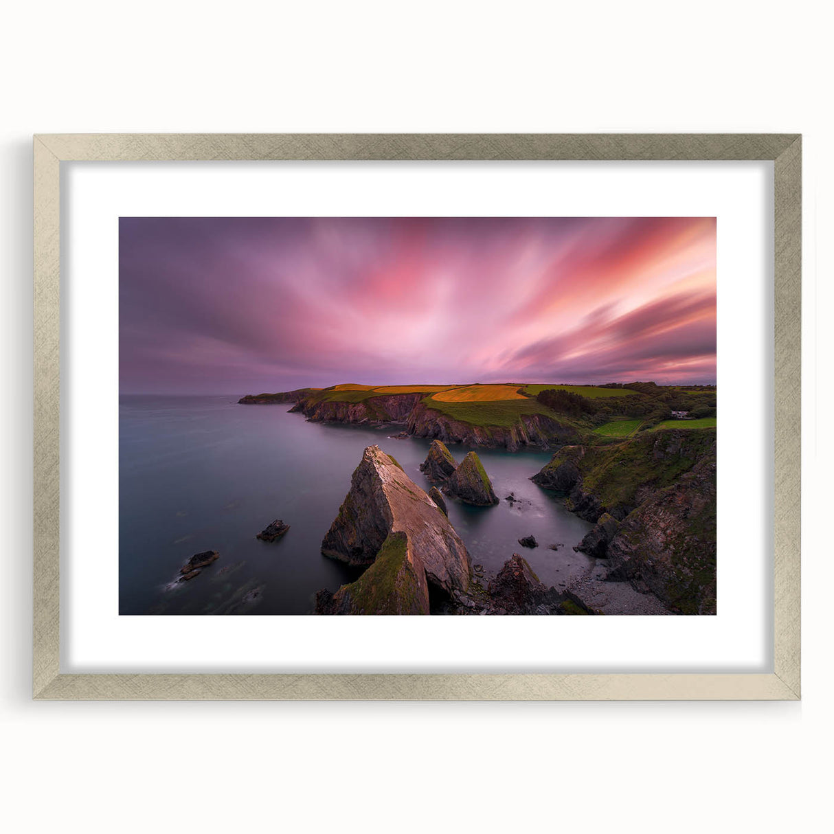 Extra large wall art featuring a textured abstract print of an Irish scenery in silver frame, suitable for living room decor.
