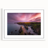 Textured abstract art print of an Irish landscape in muted green and blue tones, framed with a white mat.