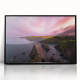 Large abstract wall art depicting a minimalist Irish scenery in muted green tones, acrylic print in black frame.