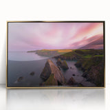 Framed acrylic print of a serene Irish landscape, featuring muted green and blue tones, ideal for modern art wall decor.