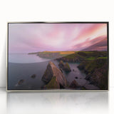 Acrylic print of a serene Irish landscape in muted greens and blues, framed in silver, suitable for modern art wall decor.