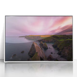 Mid-century modernist art depicting a serene Irish landscape in muted green and blue tones, acrylic print framed in white.