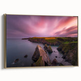 Framed canvas depicting a vintage-style Irish landscape with muted green and gold tones, ideal for bedroom wall art.