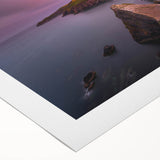 Art deco poster depicting a serene Irish landscape in muted green and blue tones on rolled canvas.