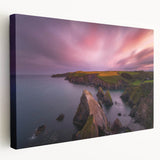 Landscape painting of an Irish countryside on stretched canvas, featuring green fields under a cloudy sky.