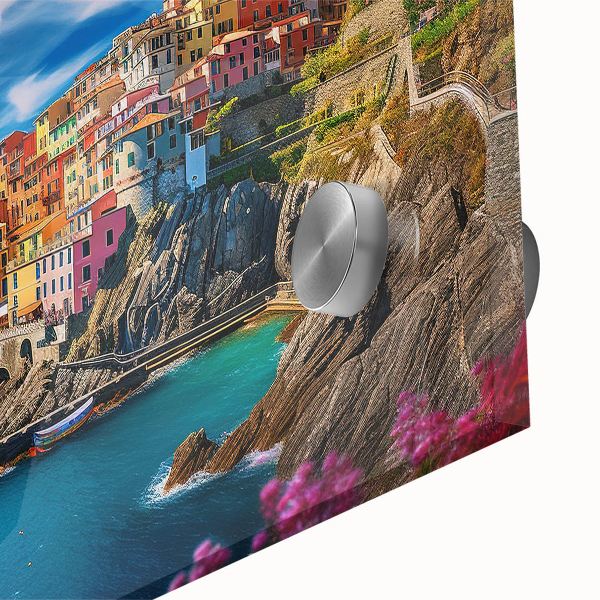 Acrylic print of Amalfi Coast with vivid blue and white tones, ideal for dining room art in a mid-century modernist style.