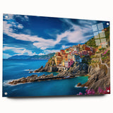 Acrylic print of the Amalfi Coast with vibrant blue and coastal hues, ideal for bedroom or dining room decor.