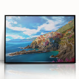 Large abstract wall art of the Amalfi Coast in muted blues and greens, framed in black acrylic.
