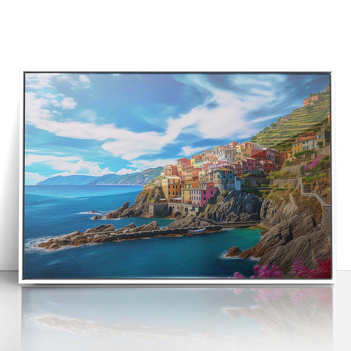 Mid-century modernist art depicting the Amalfi Coast in muted pastel tones on a framed acrylic, ideal for nursery wall art.