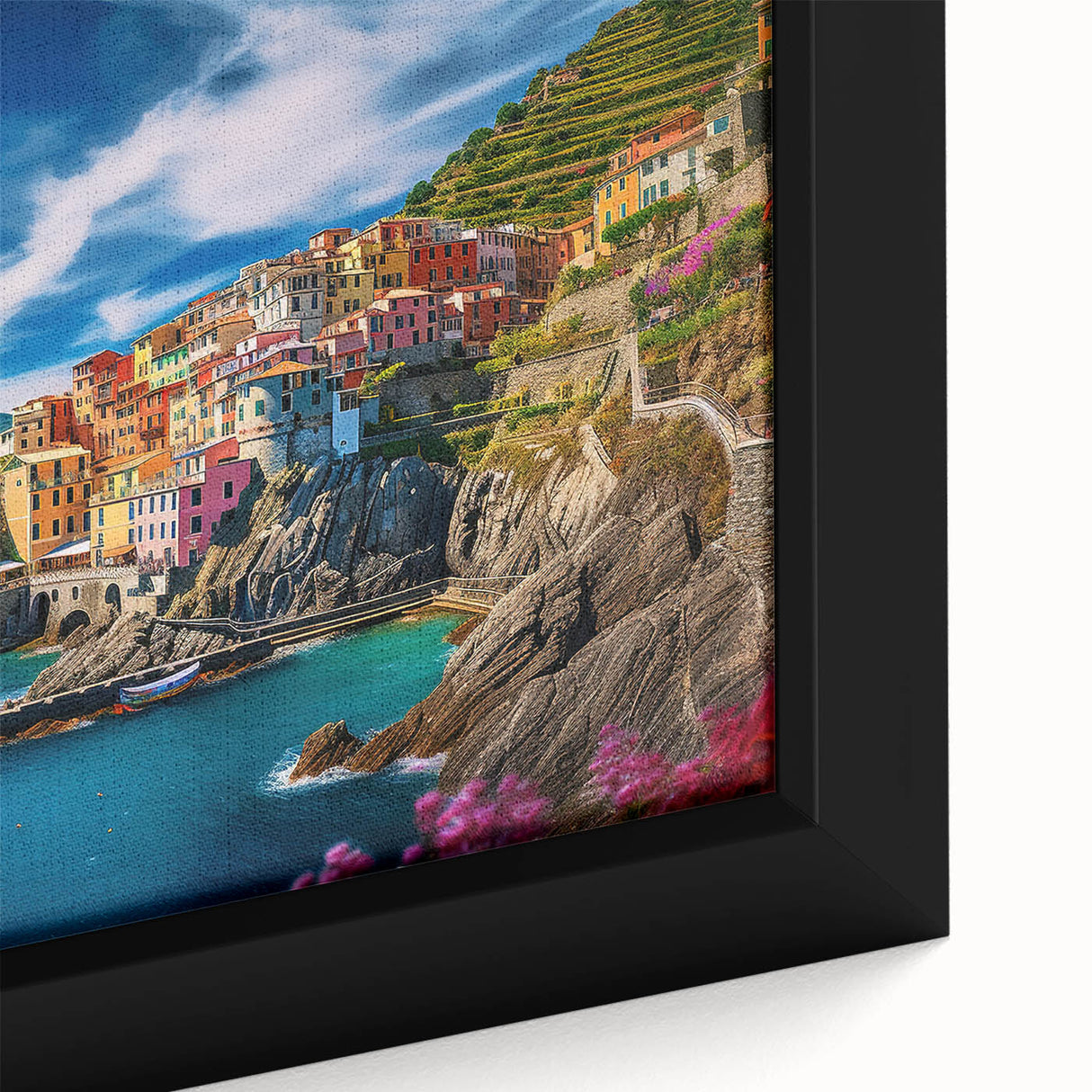 Extra large framed canvas of the Amalfi Coast in Italy with textured, colorful art and black accents.