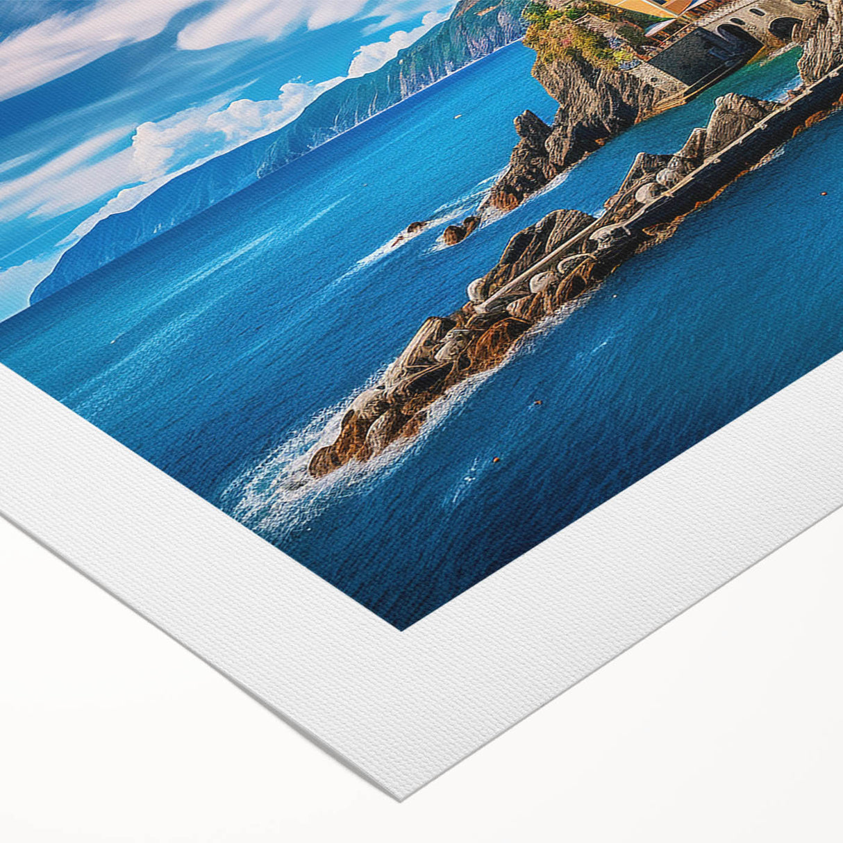 Art deco poster depicting the Amalfi Coast in vibrant blue and white tones on rolled canvas, suitable for dining room decor.
