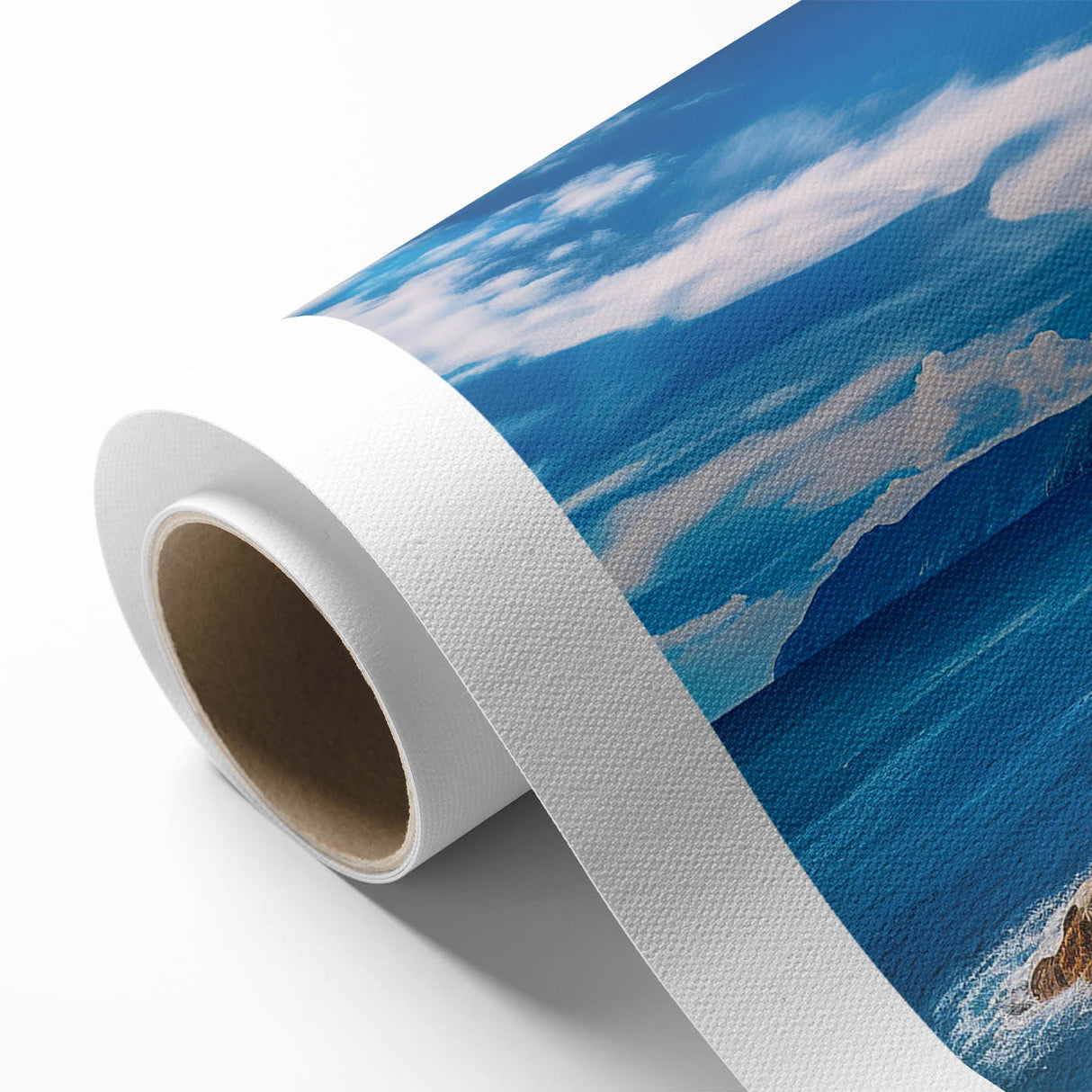 Art Deco style poster of the Amalfi Coast with vibrant blue and yellow tones on rolled canvas, ideal for nursery wall art.
