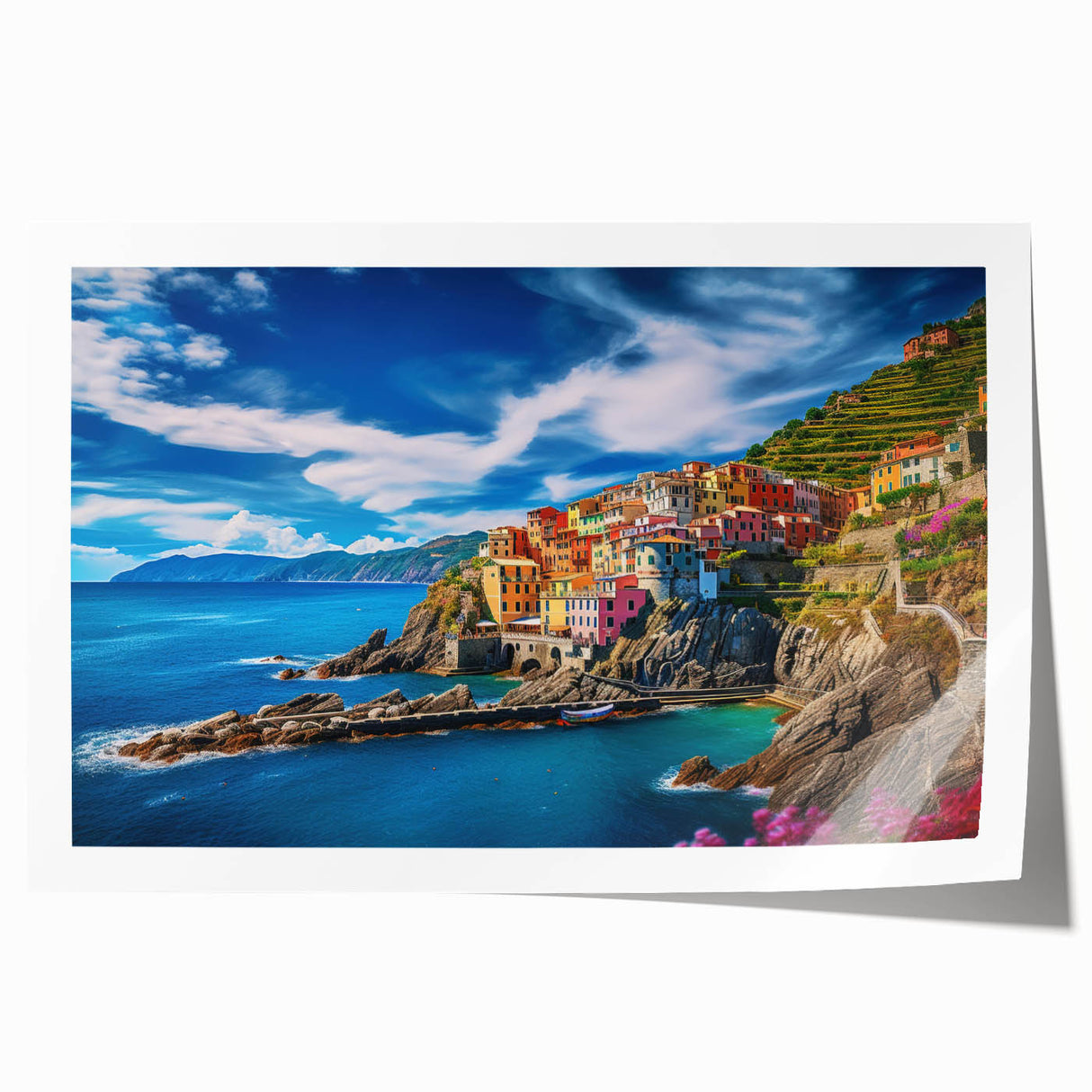 Rolled print of the Amalfi Coast in Italy featuring vibrant blues and greens, ideal for art wall dining room.