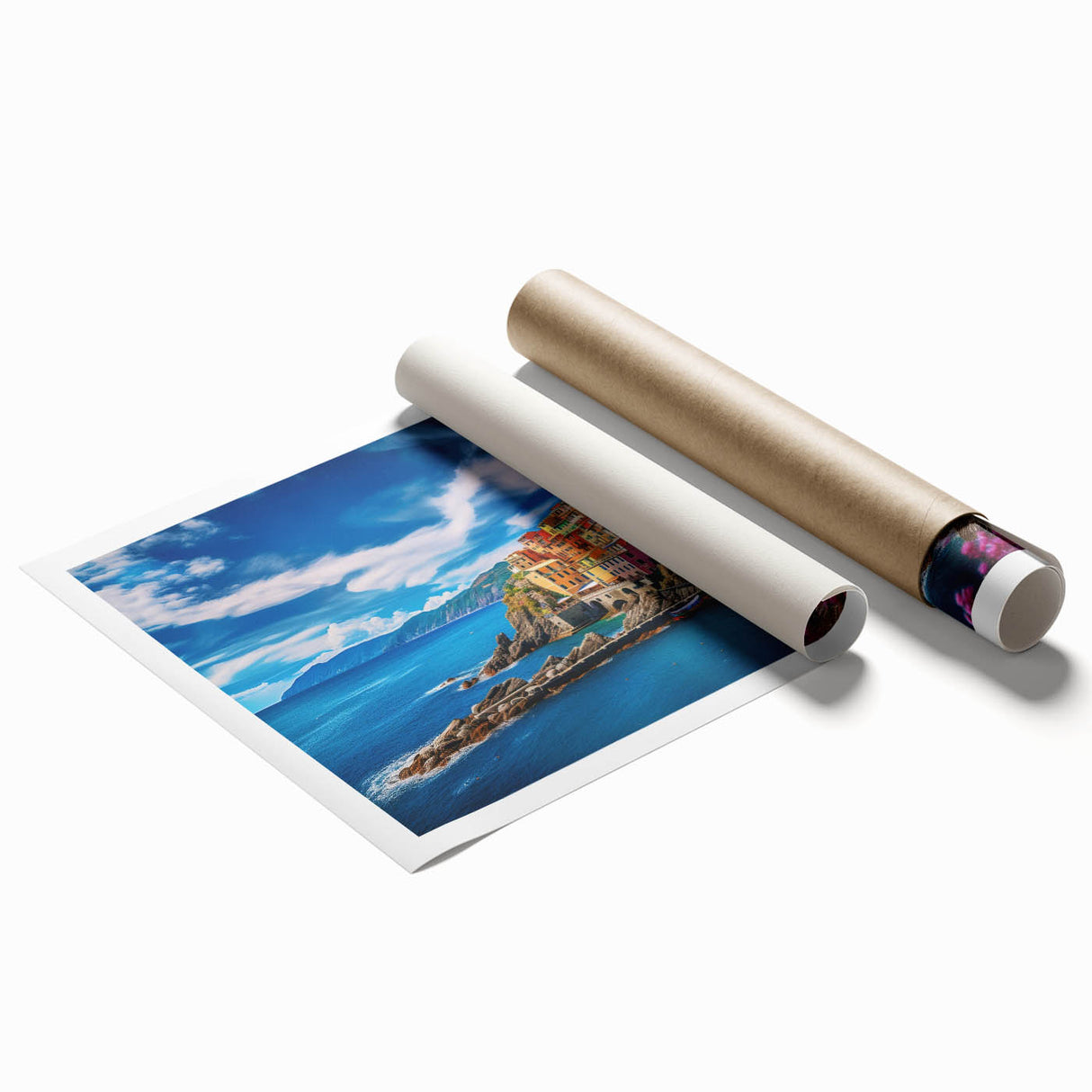 Extra large rolled print depicting Amalfi Coast with vibrant blue and pastel shades, ideal for classy bathroom wall art.