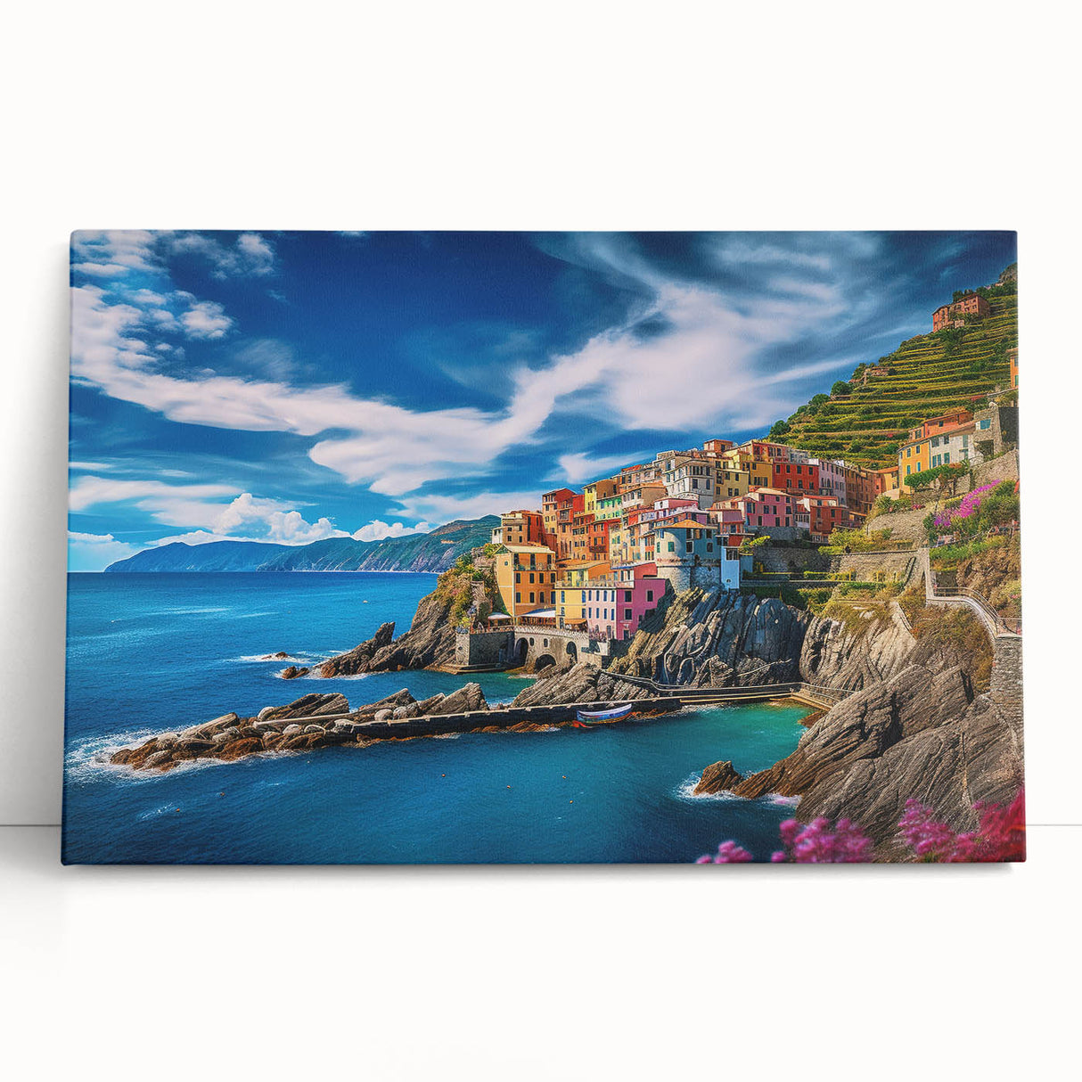Black and white stretched canvas of the Amalfi Coast, ideal for kitchen art with a minimalist style.