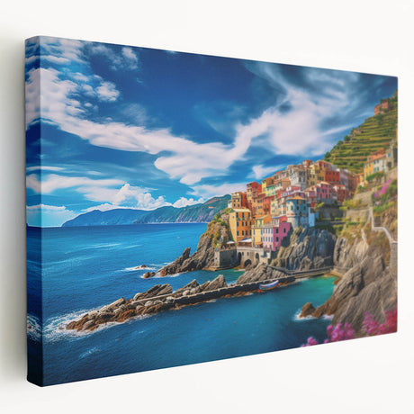 Amalfi Coast landscape on stretched canvas, featuring vivid blue and white tones, ideal for kitchen wall art.