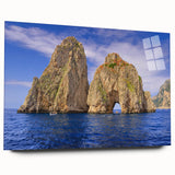 Acrylic print of a large abstract depiction of Capri, Italy, in vibrant blues and greens, ideal for dining room art.