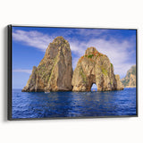 Black and white framed canvas of a vintage Capri landscape, ideal for bedroom wall art.