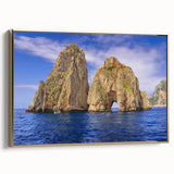Framed canvas featuring a vintage-style landscape painting of Capri, Italy, in muted tones, ideal for bedroom wall art.