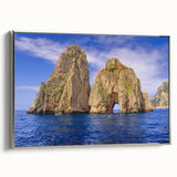 Landscape art painting of Capri, Italy on framed canvas, featuring colorful imagery on a black background.