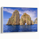 Vintage poster art of Capri, Italy in vibrant colors on a large framed canvas, ideal for living room decor.