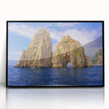 Large abstract wall art depicting a scenic view of Capri, Italy in vibrant hues on a black framed acrylic print.