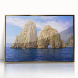 Mid-century modernist style large art print of Capri, Italy, with vibrant blue and green hues on a gold-framed acrylic.