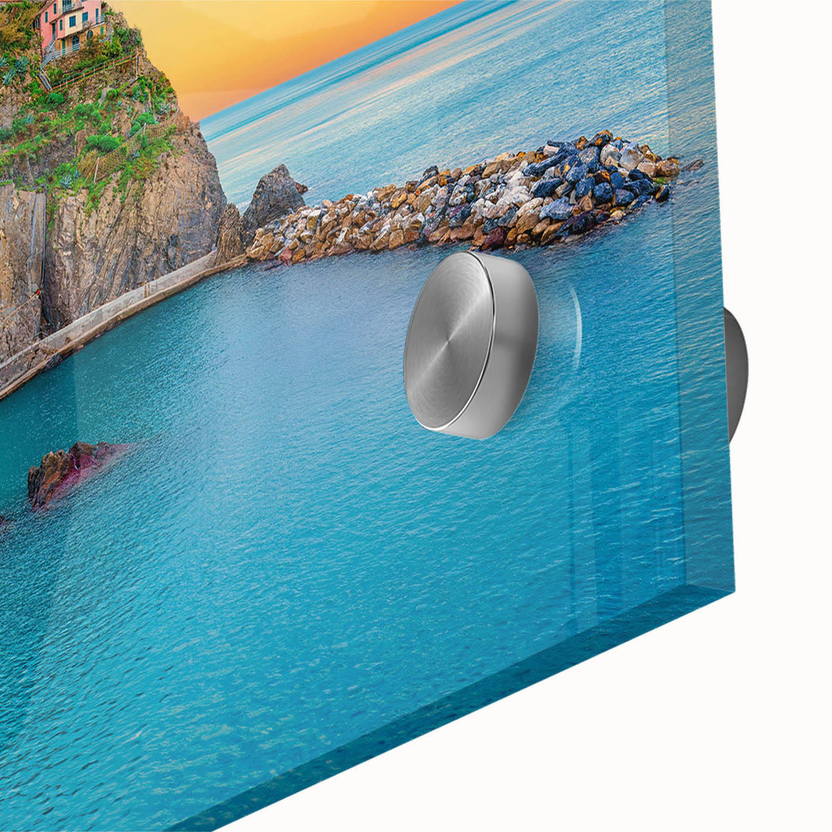 Acrylic print of Cinque Terre with vivid coastal hues and mid-century modernist style, ideal for dining room art.