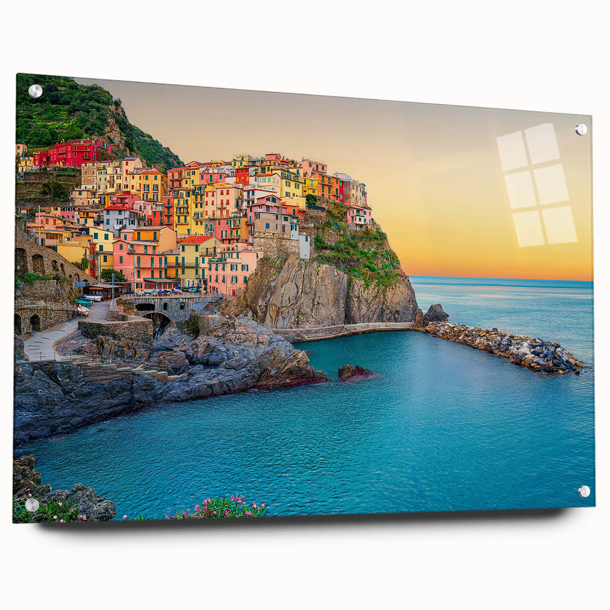 Acrylic print of Cinque Terre, Italy, in vibrant colors, suitable for bedroom or dining room decor.