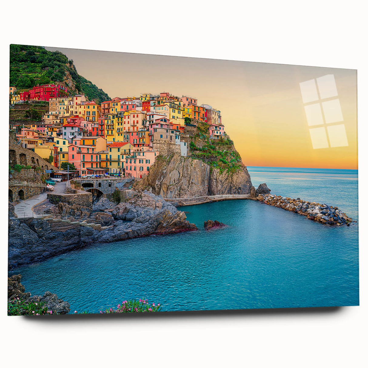 Acrylic print of Cinque Terre with vivid coastal colors, perfect for bedroom or dining room art.
