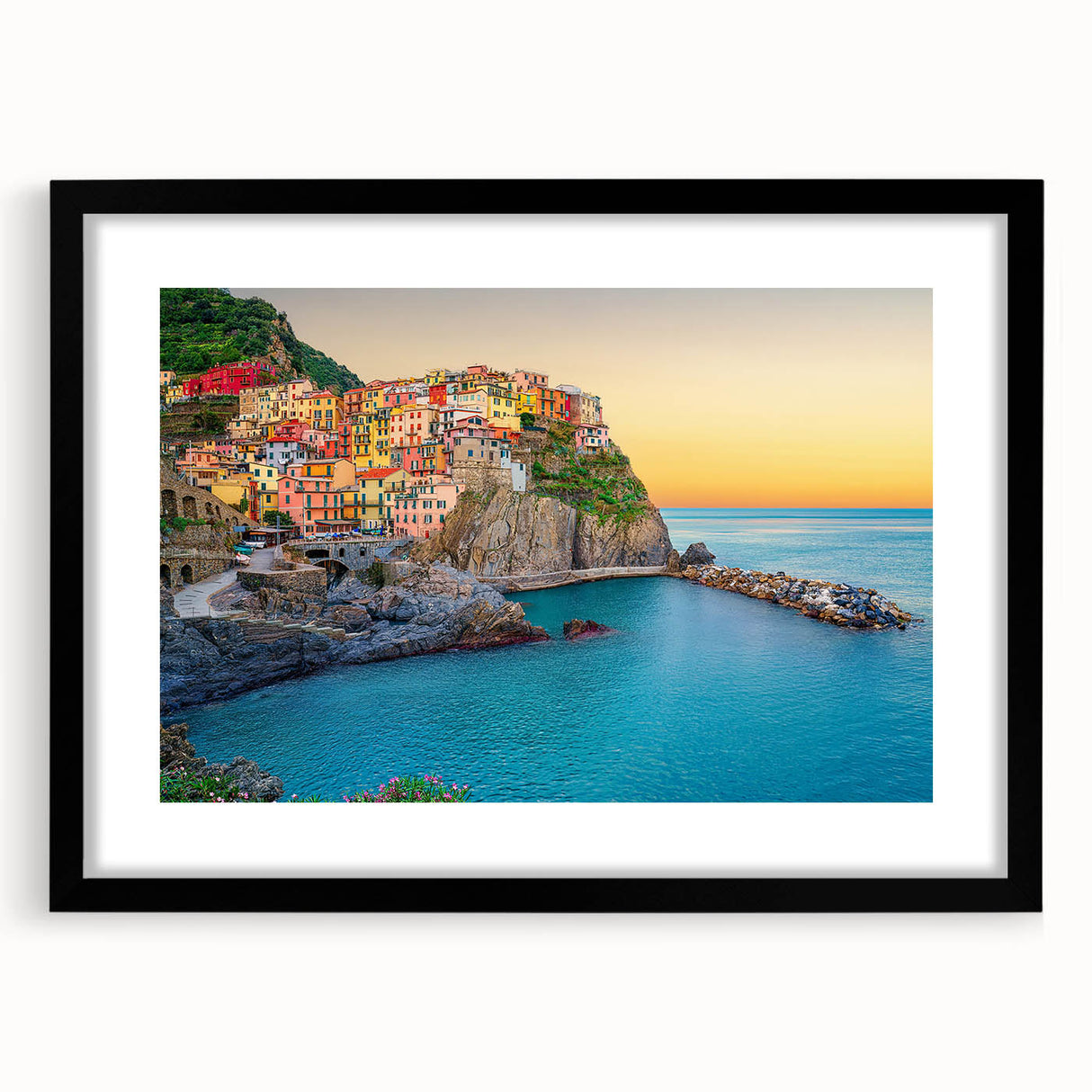 Extra large textured abstract art print of Cinque Terre with vibrant colors on a black framed canvas.