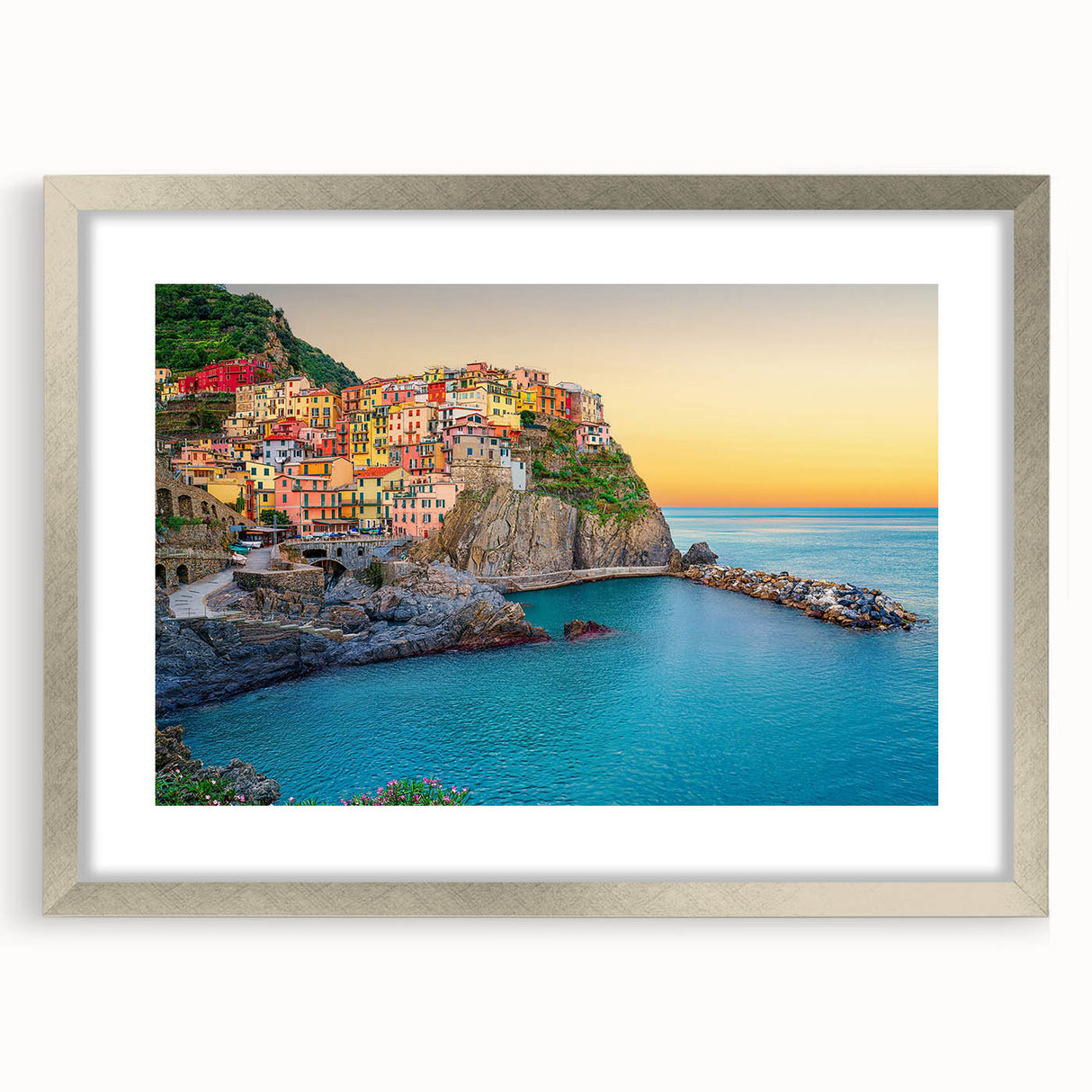 Extra large wall art depicting the Cinque Terre coastline in muted earth tones on a framed canvas, ideal for a living room.