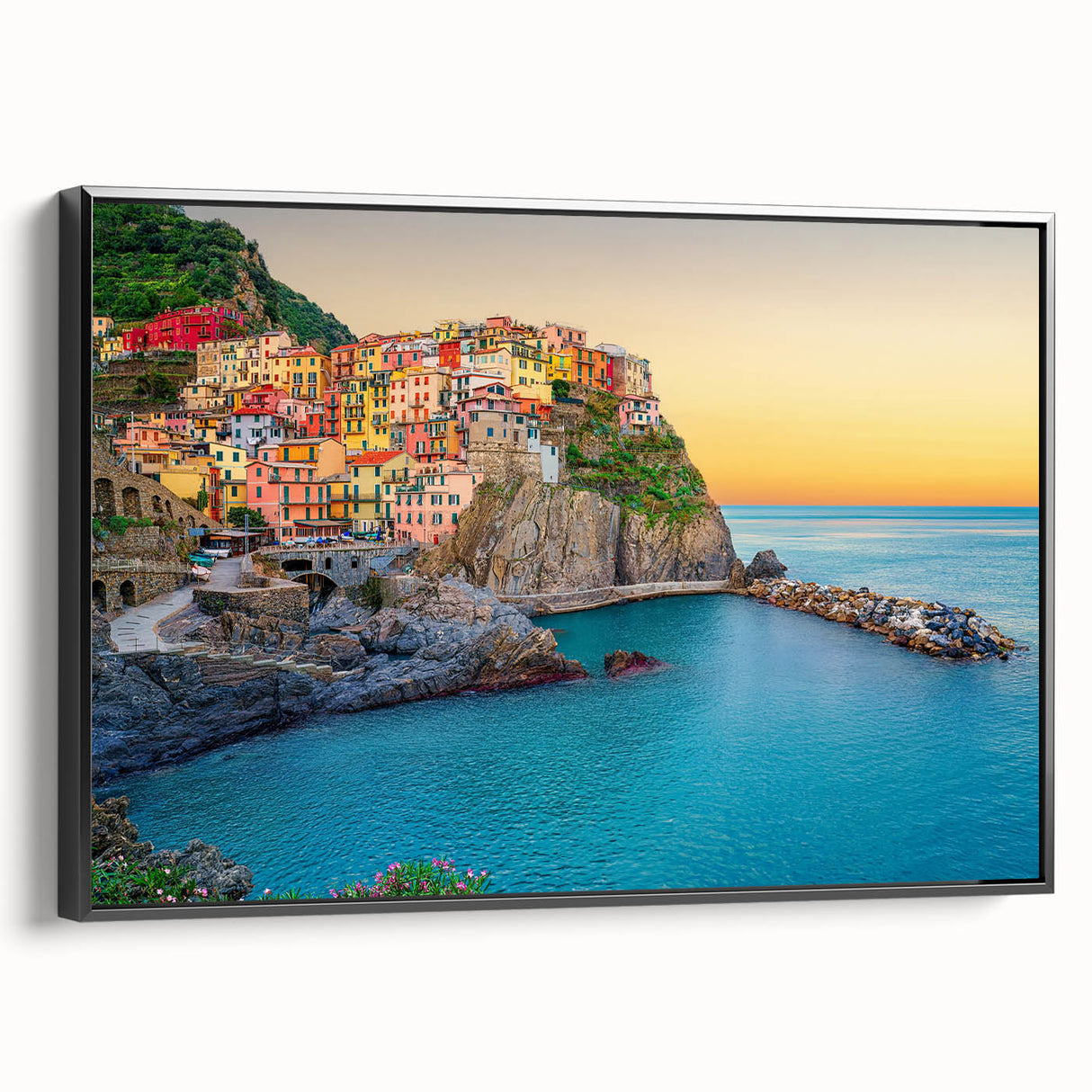 Black and white framed canvas of Cinque Terre landscape, ideal for bedroom wall art with a vintage poster style.